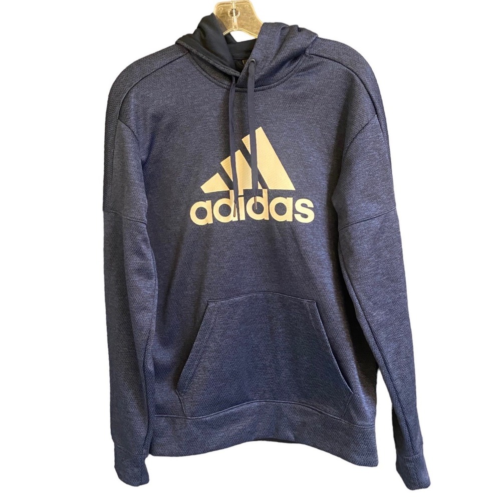 Adidas Men's L Climawarm Hoodie Sweatshirt Navy Blue Pullover Logo Graphic